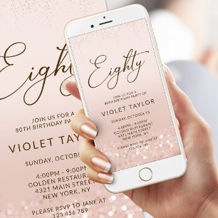 Rose Gold Glitter 80th Birthday Mobile Invite