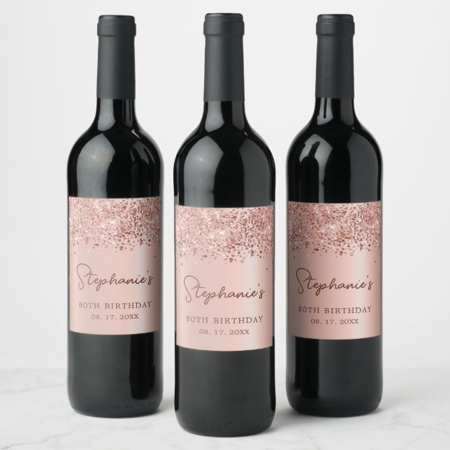 Rose Gold Glitter 80th Birthday Monogram Script Wine Label (Bottles)