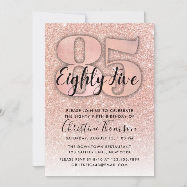 Rose Gold Glitter 85th Birthday Invitation (Front)