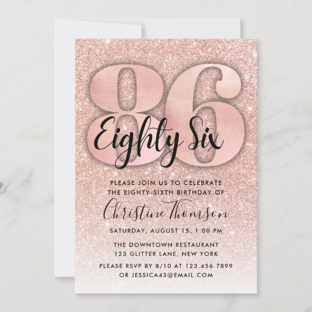Rose Gold Glitter 86th Birthday Invitation (Front)