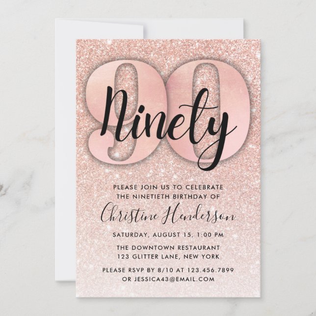 Rose Gold Glitter 90th Birthday Invitation (Front)