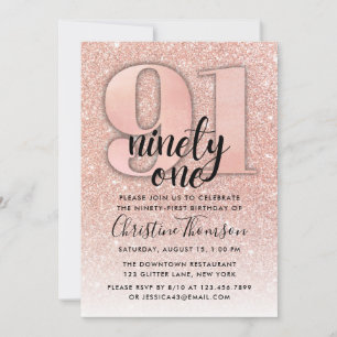 Rose Gold Glitter 91st Birthday Invitation