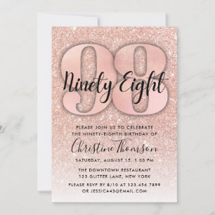 Rose Gold Glitter 98th Birthday Invitation