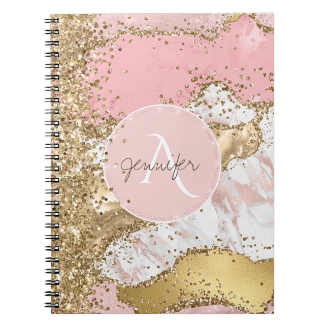 Rose Gold Glitter Agate Modern Elegant Monogrammed Notebook (Front)