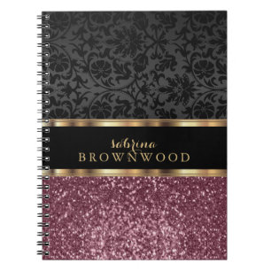 Rose Gold Glitter and Black Damask  Notebook