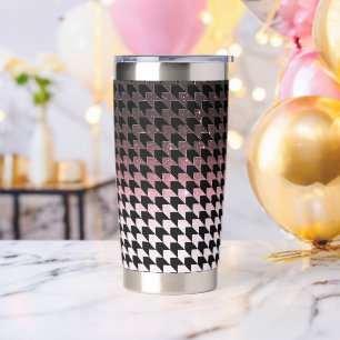 Rose gold glitter and black houndstooth pattern insulated tumbler