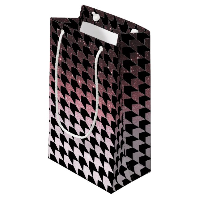 Rose gold glitter and black houndstooth pattern small gift bag (Front Angled)