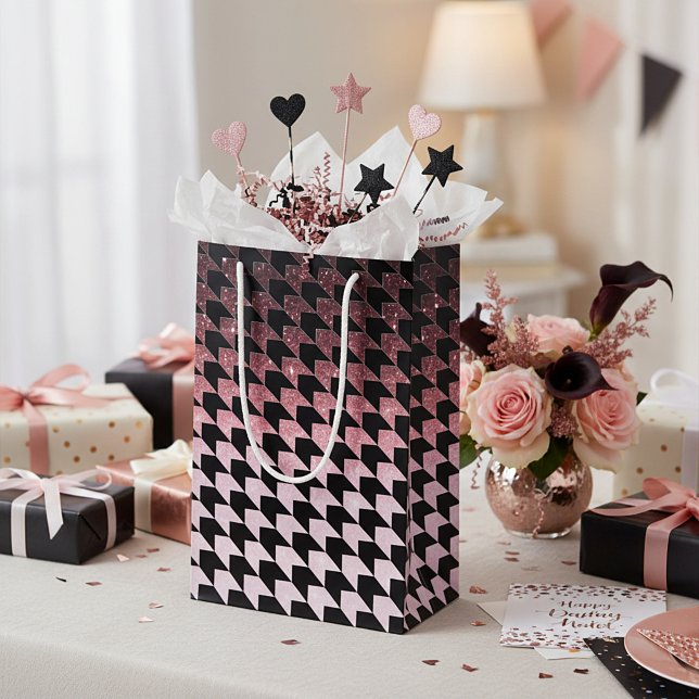 Rose gold glitter and black houndstooth pattern small gift bag (Creator Uploaded)
