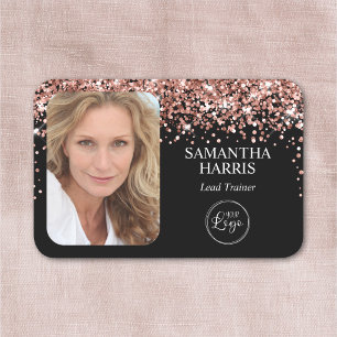 Rose Gold Glitter and Black Logo and Photo Name Tag