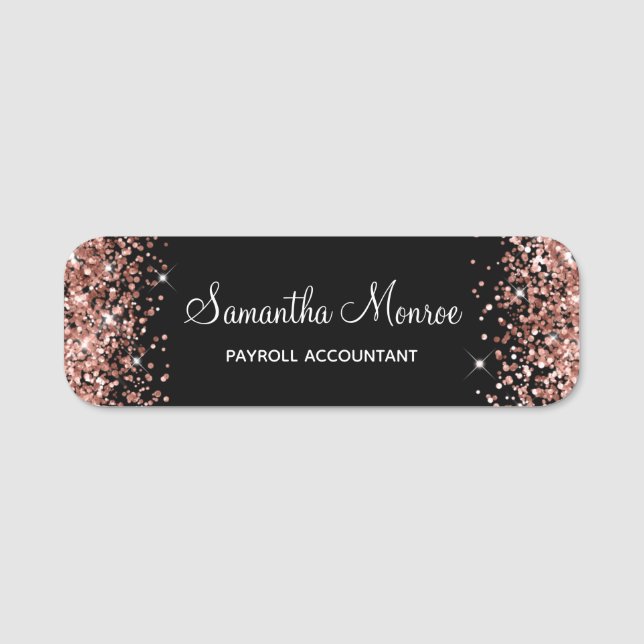 Rose Gold Glitter and Black Name Tag (Front)