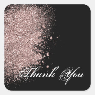 Rose Gold Glitter and Black Thank You Square Sticker