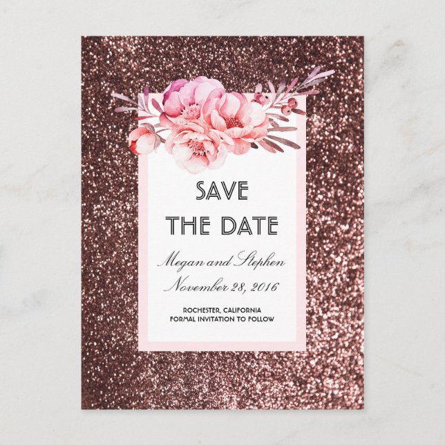 Rose Gold Glitter and Blush Flowers Save the Date Announcement Postcard (Front)