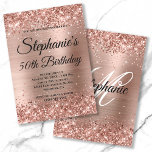 Rose Gold Glitter and Foil Fancy Monogram Invitation<br><div class="desc">Create your own fancy monogram stylish milestone birthday celebration invitation for her. Decorative faux sparkly rose gold glitter graphics form a top and bottom border. The background digital art features a shiny blush pink rose gold ombre style brushed metal foil. Customise the invitation and monogram font colours or styles. The...</div>