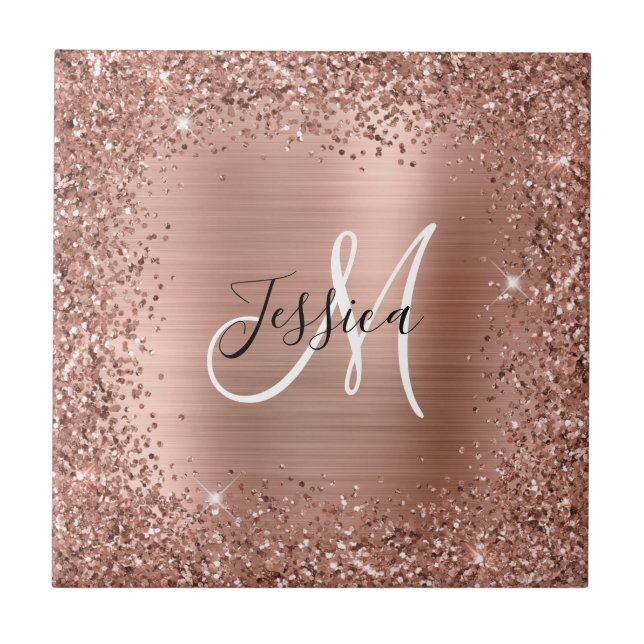Rose Gold Glitter and Foil Girly Glam Monogram Ceramic Tile (Front)