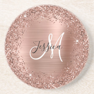 Rose Gold Glitter and Foil Girly Glam Monogram Coaster