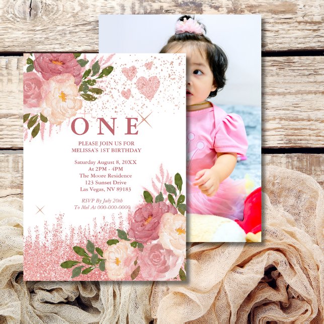 Rose Gold Glitter And Glam First Birthday Photo Invitation (Creator Uploaded)