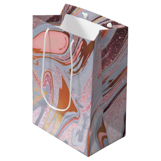 Rose gold glitter and marble medium gift bag (Front Angled)