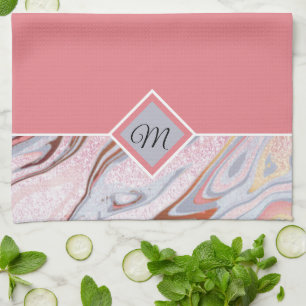 Rose gold glitter and marble monogram tea towel