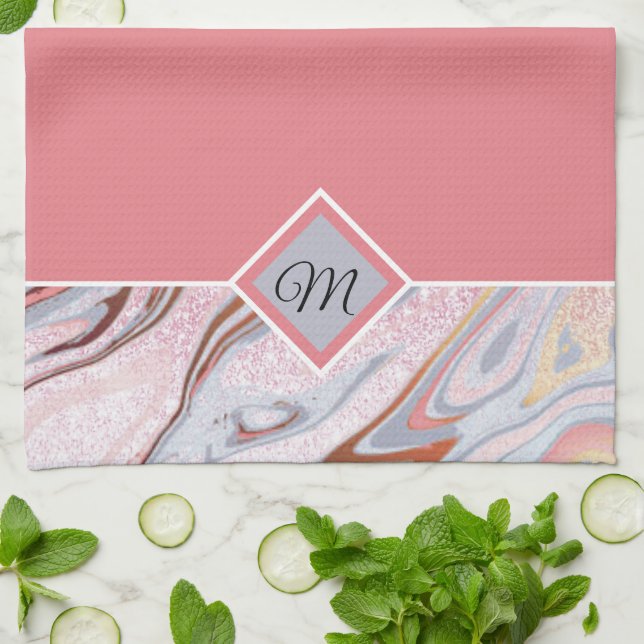Rose gold glitter and marble monogram tea towel (Folded)