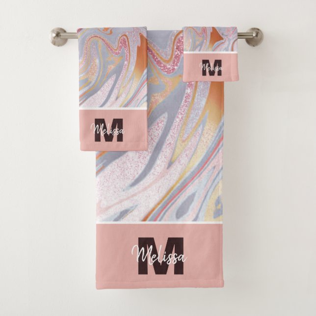 Rose gold glitter and marble personalised bath towel set (Insitu)