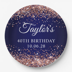Rose Gold Glitter and Navy Blue 40th Birthday Paper Plate