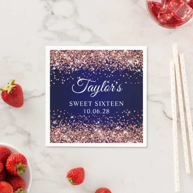 Rose Gold Glitter and Navy Blue Sweet Sixteen Napkin (Insitu)