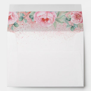 Rose Gold Glitter and Pink Flowers Elegant Envelope
