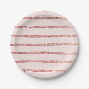 Rose Gold Glitter and Pink Modern Lines Pattern Paper Plate