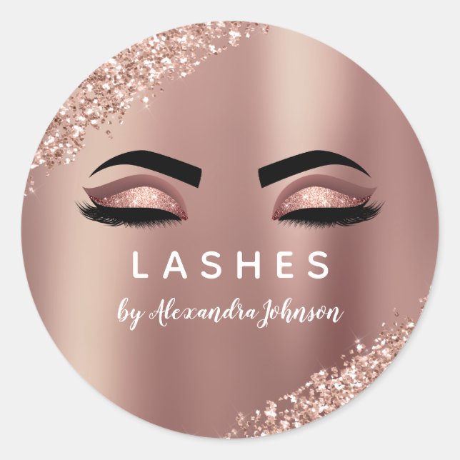 Rose Gold Glitter and Sparkle Eyelash Extension Classic Round Sticker (Front)