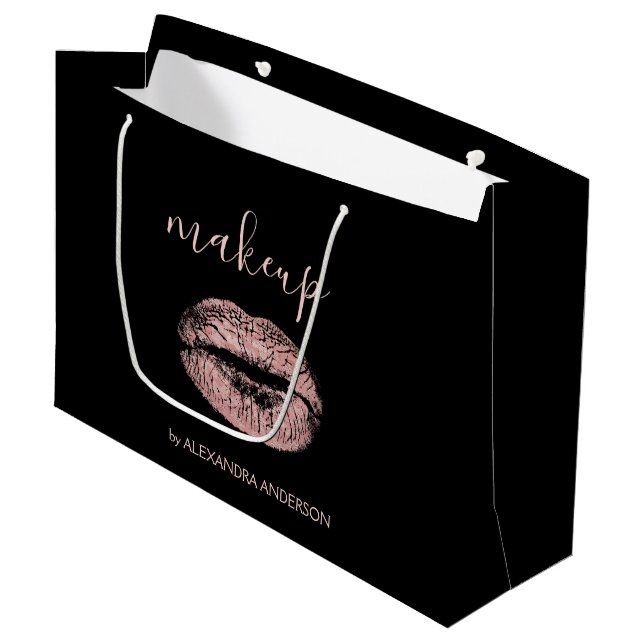 Rose Gold Glitter and Sparkle Lipstick Makeup Large Gift Bag (Front Angled)