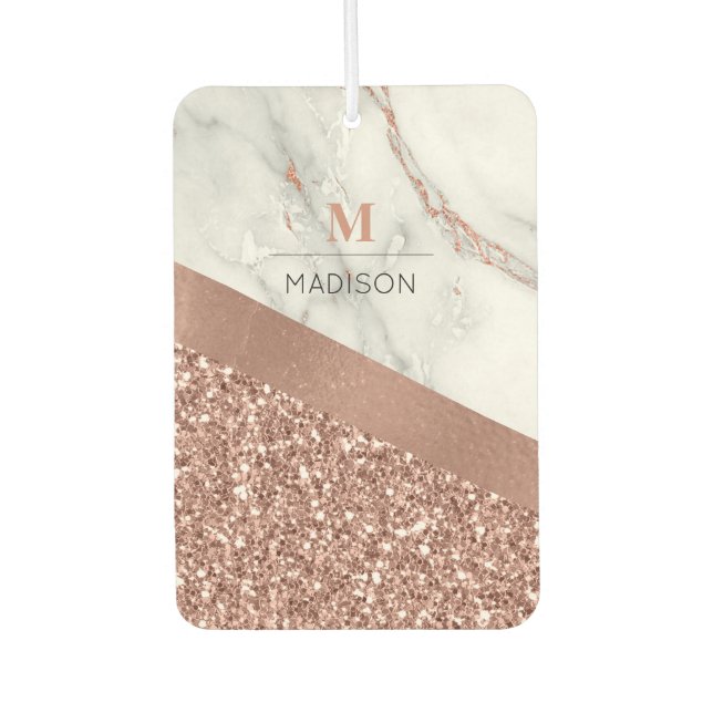 Rose Gold Glitter and Sparkle Marble Monogram  Car Air Freshener (Front)