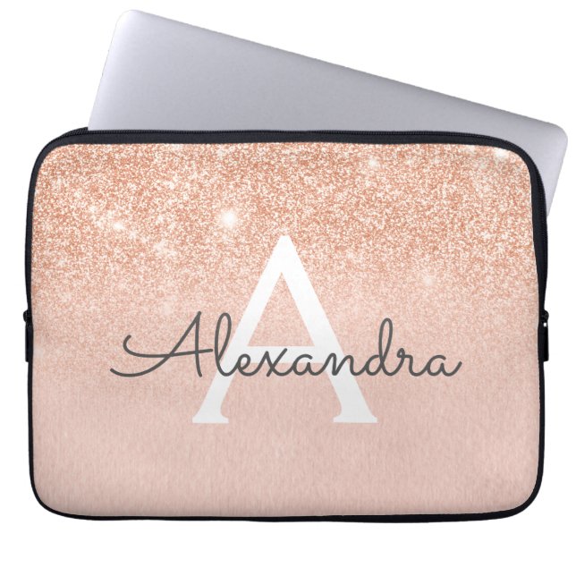 Rose Gold Glitter and Sparkle Monogram Laptop Sleeve (Front)