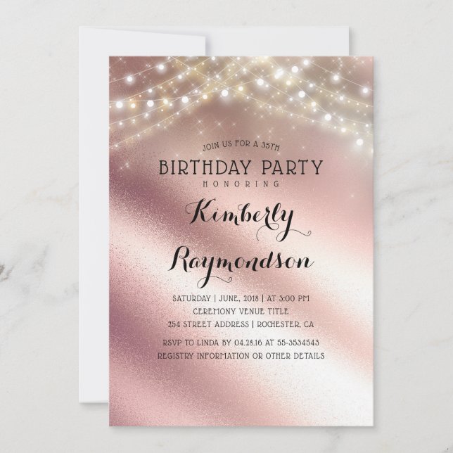 Rose Gold Glitter and Sring Lights Birthday Invitation (Front)