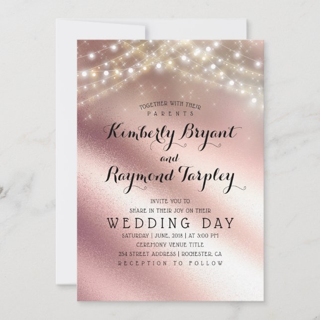 Rose Gold Glitter and Sring Lights Wedding Invitation (Front)