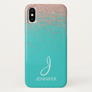 Rose Gold Glitter and Teal Monogram iPhone X Case