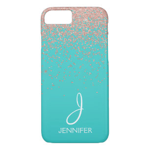 Rose Gold Glitter and Teal Monogram iPhone 8/7 Case