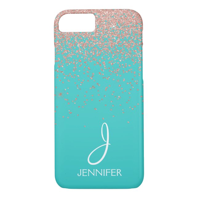 Rose Gold Glitter and Teal Monogram Case-Mate iPhone Case (Back)