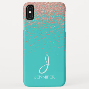 Rose Gold Glitter and Teal Monogram iPhone XS Max Case