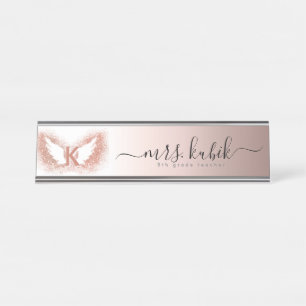 Rose Gold Glitter Angel Wings Desk Name Plate