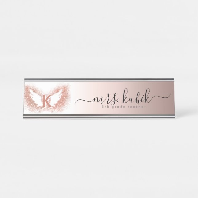 Rose Gold Glitter Angel Wings Desk Name Plate (Front)