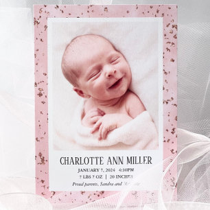 Rose Gold Glitter Baby Birth Announcement Card