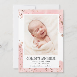 Rose Gold Glitter Baby Birth Announcement Card