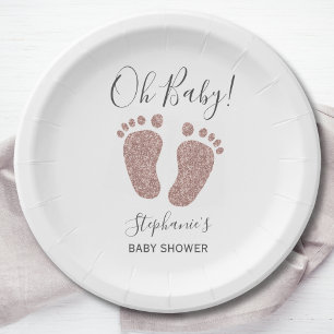 Rose Gold Glitter Baby Feet Baby Shower Paper Plate