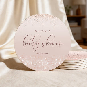 Rose Gold Glitter Baby Shower Round Paper Coaster