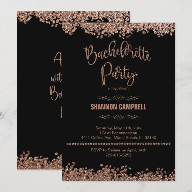 Rose Gold Glitter Bachelorette Party With Bling  Invitation (Front/Back)