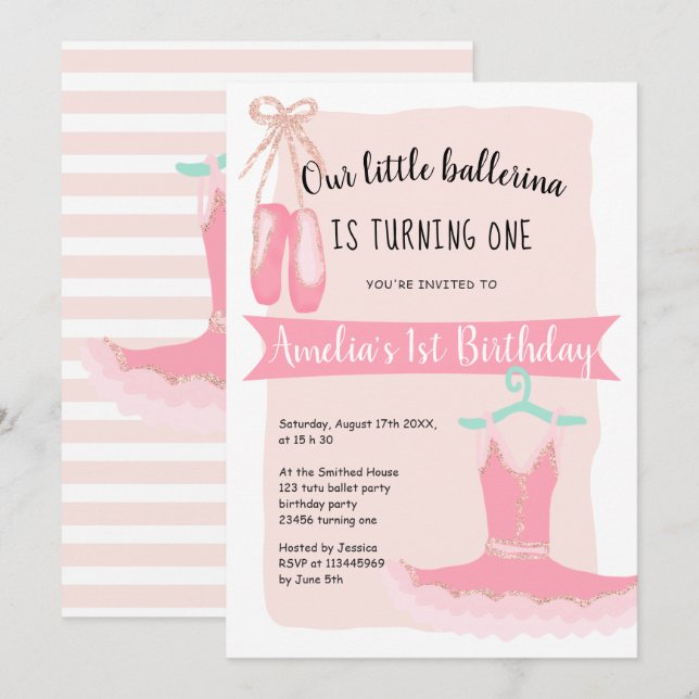 Rose Gold glitter ballerina 1st birthday party Invitation (Front/Back)