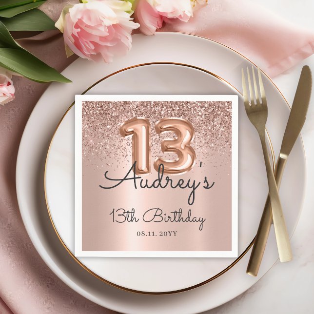 Rose Gold Glitter Balloon 13th Birthday Monogram Napkin (Creator Uploaded)