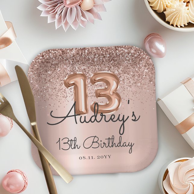 Rose Gold Glitter Balloon 13th Birthday Monogram Paper Plate (Creator Uploaded)