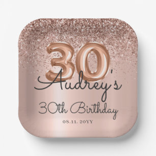 Rose Gold Glitter Balloon 30th Birthday Monogram Paper Plate