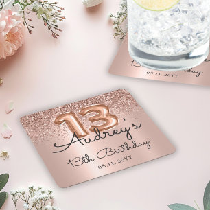 Rose Gold Glitter Balloon Metallic 13th Birthday  Square Paper Coaster
